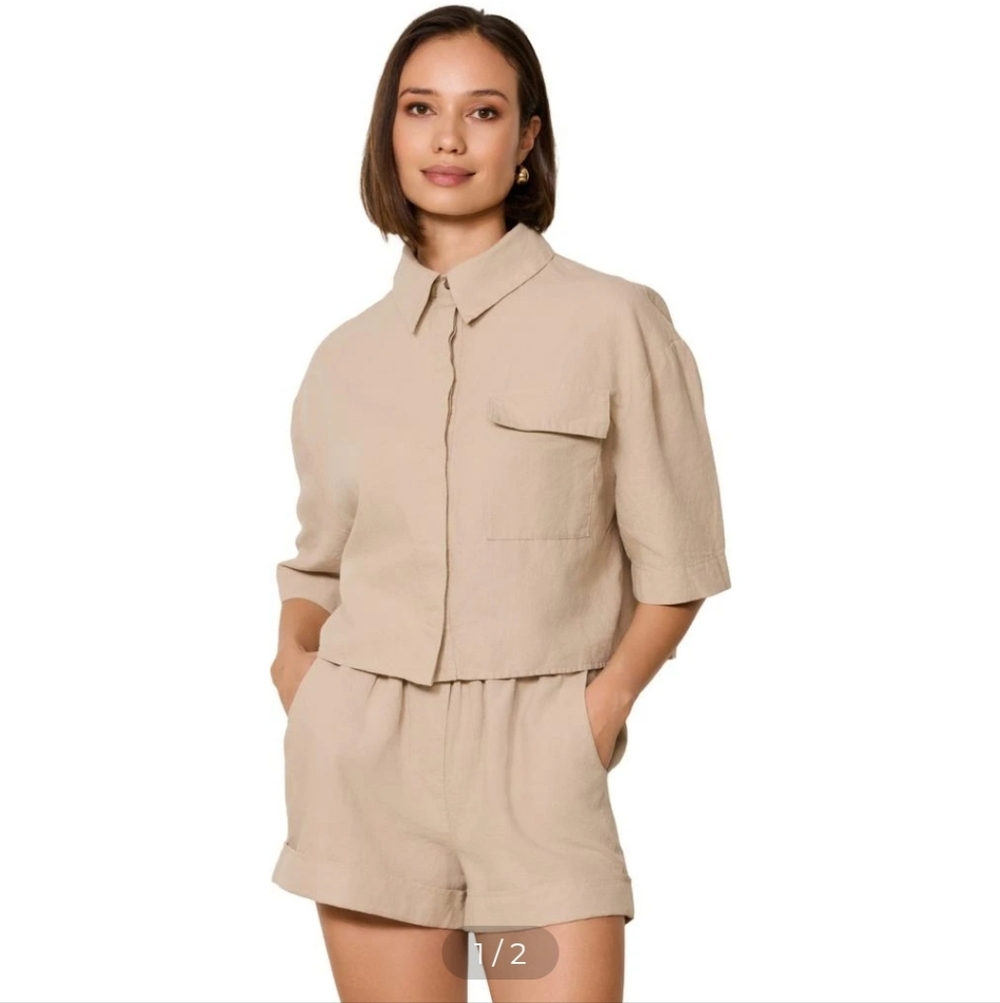 New Lune Active Cropped Button-Front Linen Shirt & Shorts Set in Black